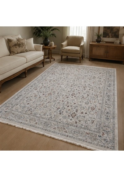 Krem Eskitme Otantik Desenli Saçaklı Polip Tabanlı Modern Halı 200 x 290 CM