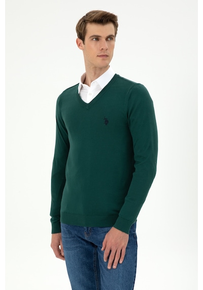 U.S. Polo Assn. Erkek Slim Fit V Yaka Koyu Yeşil Basic Kazak 50293512-VR079