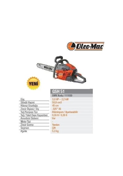 Oleomac Gsh 51 Benzinli Motorlu Testere 3.0Hp 36 Diş