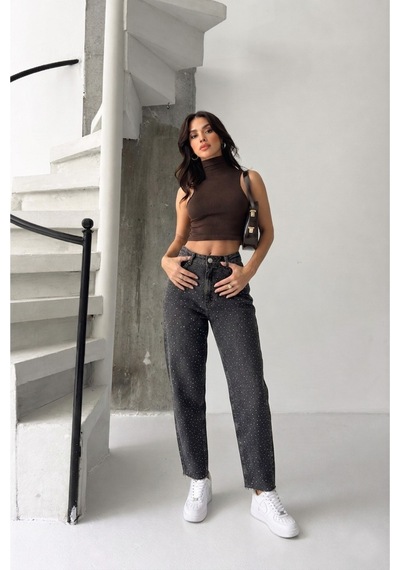 Kene Jeans Kahve Tint Paça Kesik Taşlı Mom Denim Pantolon Kahve Tint