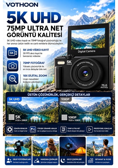 5k 75mp 18x Zoom Flaşlı 3 Flip Ekranlı Türkçe 32gb Kart Dijital Vlog Fotoğraf Makinesi Lens Hediyeli - 100