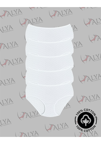 Alya Underwear %100 Pamuk Kumaşlı, Büyük Beden Yüksek Bel Kalp Desenli Ribana Jakar Kadın Külot Beyaz