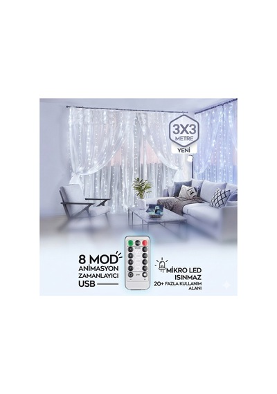 3x3 Metre Kumandali Beyaz Peri Led Perde Isik 8 Fonksiyonlu Zamanlayicili Animasyonlu Usb