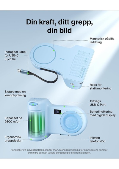Stage Powergrip, Manyetik Kablosuz Şarjlı Kamera Tutacağı 9300 Mah, Geri Çekilebilir Usb-c Kablolu Power Bank, Bluetooth & Tripod Bağlantısı, Lcd Ekran, İphone Ve Pixel İçin Şarj Cihazı