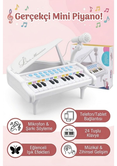 Mikrofonlu 24 Tuşlu Pembe Çocuk Piyanosu - Telefon Bağlantılı Eğitici Işıklı Org Müzik Seti