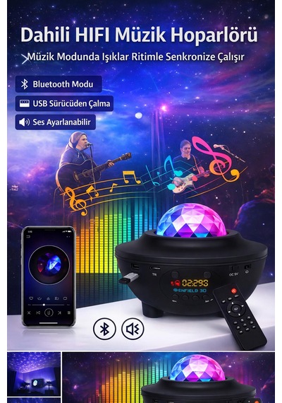 Samsung Uyumlu Galaxy Cover Projektör Bluetooth Hoperlör Sese Duyarlı Disko Parti Gece Lambası Tavan Aydınlatıcı