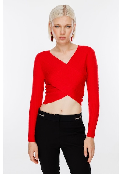 On Kadın Oversize V Yaka Crop Kazak - Uzun Kol Kırmızı
