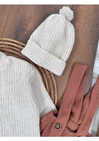 Bebicix Triko Kazak Oversize Esnek Salopet Bereli Unisex Bebek Takım Kahverengi