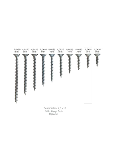 Sunta Vidası, 4,0 X 18 Mm, 100 Adet, Yhb Vida 4 x 18