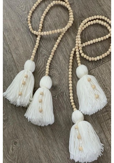 2 Adet Boho Doğal Ahşap Beyaz Püsküllü Perde Bağı 120 cm