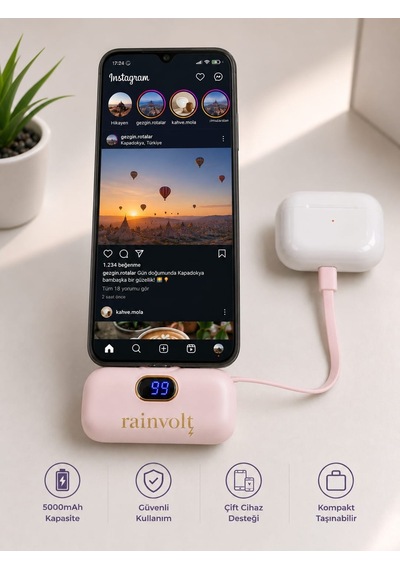 Rainvolt Mini Kapsül Powerbank Led Dijital Göstergeli & Dahili Kablolu Taşınabilir Şarj Cihazı Pembe