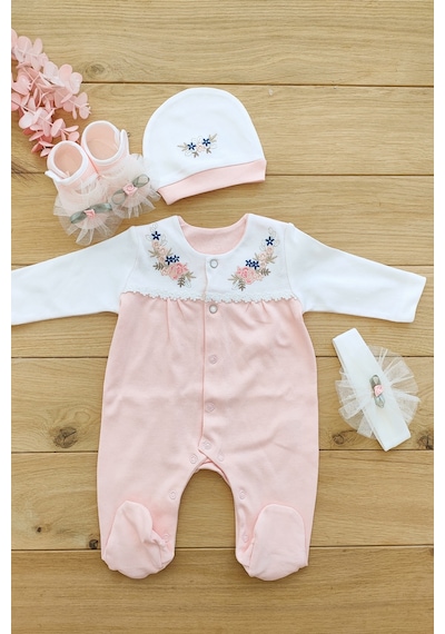 Sitilin Kız Bebek Pembe 10'lu Hastane Çıkışı Natural İşlemeli Set Stl4663 Ekru