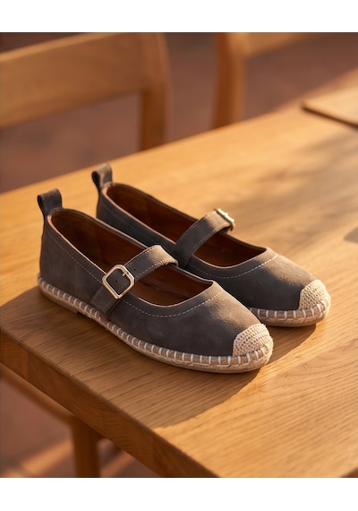 Futsishoes Coral Gri Hakiki Deri Toka Detaylı Kadın Espadril Ayakkabı