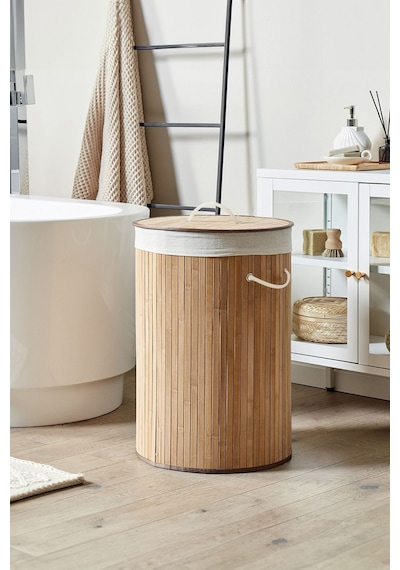 Naturel Yuvarlak Kirli Çamaşır Sepeti - Bambu Katlanabilir Çamaşır Sepeti Sele 35x50 Cm 60 Lt Bej Bej