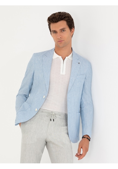 Cacharel Açık Mavi Slim Fit %100 Keten Ceket Denim