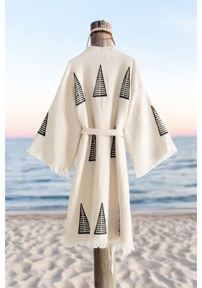 Varol Organik %100 Pamuk Kimono Yaka Sabalık Bornoz Plaj Elbisesi - Piramit - S/m Krem/s/m Krem