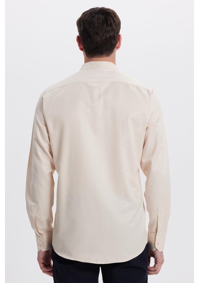 Tudors Modern Slim Fit Uzun Kollu Pamuklu Kolay Ütü Armürlü Bej Erkek Gömlek-41846 Bej
