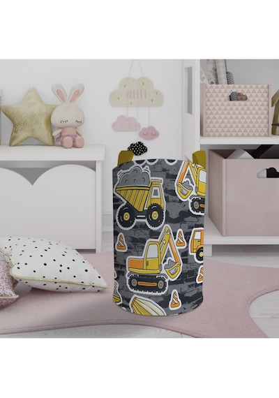 Mekta Home Bebek Ve Çocuk Odası İş Makine Desenli Oyuncak Sepeti Renkli Çok Renkli
