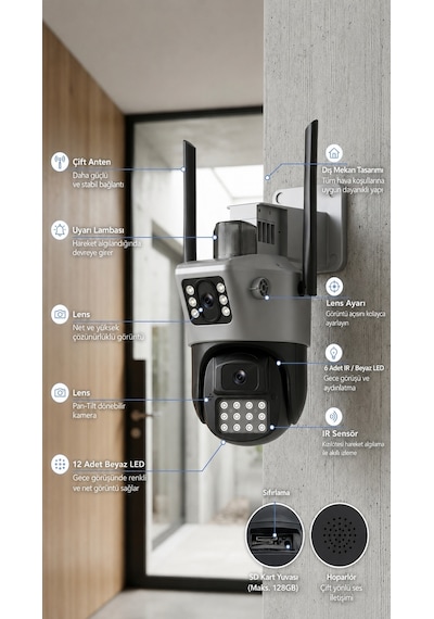 Viva Ics-223 6mp Çift Lensli Wifi Akıllı Güvenlik Kamerası 3mp+3mp Ptz Ip66 Su Geçirmez Gece Görüşlü Aı Takip