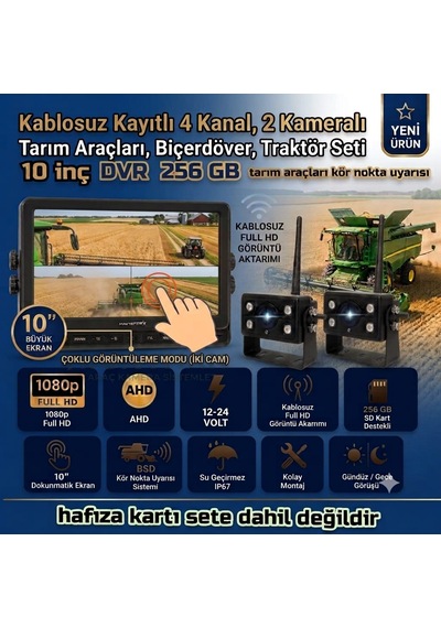 10 İnç Dokunmatik Dvr 2 Adet Kablosuz Kamera Ahd 1080p Monitör Bsd Kör Nokta Sistemli 12 24 V