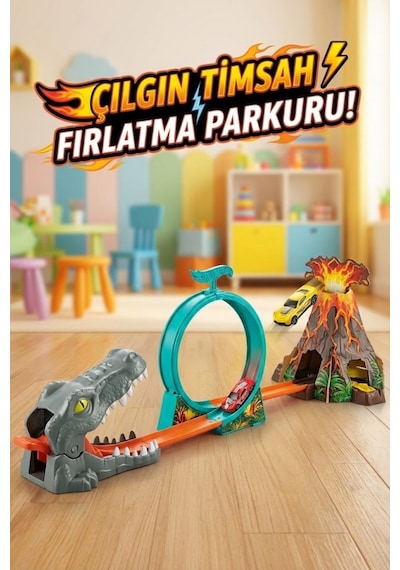 Çılgın Timsah Fırlatma Seti 360 Derece Takla Atan Hızlı Araba Yarış Pisti - 2 Arabalı