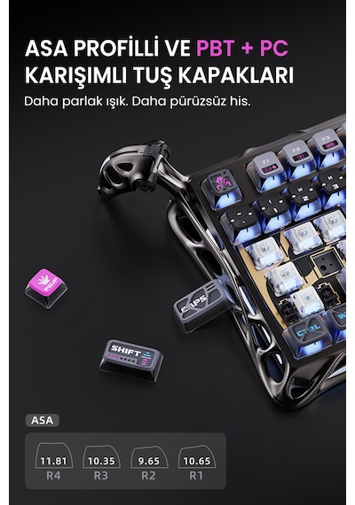 Gravastar Mercury K1 Pro+x Kablosuz Rgb Işıklı Mekanik Q Gaming Klavye Ve Optik Mouse Seti, Special Optik