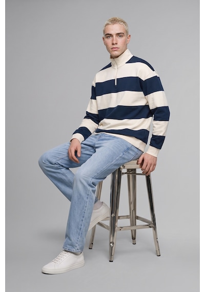 Defacto Boxy Fit Dik Yaka Yarım Fermuarlı Çizgili Sweatshirt C7045ax26aunv94 Lacivert-nv94