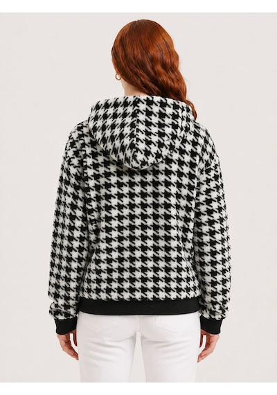 Neden Tekstil Kadın Kazayağı Desenli Kapüşonlu Fermuarlı Sweatshirt Ceket - Siyah