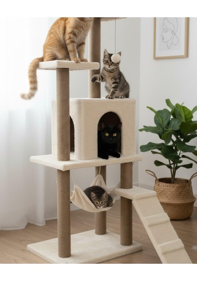 Pet B-07 Hamaklı Yuvalı Lüks Kedi Tırmalama Oyun Evi Beyaz
