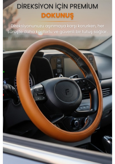 Direksiyon Kılıfı Universal Geçmeli Oto Direksiyon Kılıfı Premium Deri Kaymaz Kolay Montaj - Clsx4 Taba