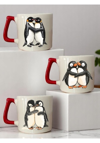 Penguen 3'lü Kırmızı Kulplu Seramik Kupa Bardak Kahve Bardağı Beyaz