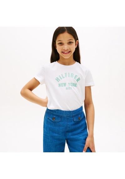 Tommy Hilfiger Glitter Curve Nyc Logo Çocuk Beyaz T-shirt Kg0kg08813 Beyaz