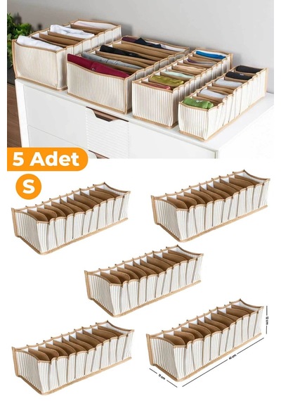 Serstil 5 Adet - 11 Gözlü Çekmece Içi Bej Çizgili Düzenleyici Organizer - Small - 11 X 41 X 12 Cm Bej-s