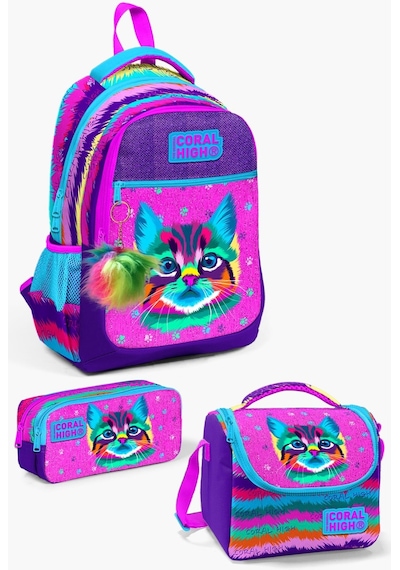 Coral High Kıds Mor Pembe Kedi Desenli Okul Çanta Seti Set0123477