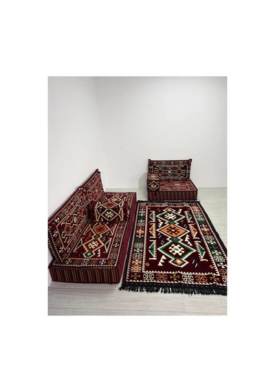 20 Cm Kalınlıklı Şark Köşesi Takımı - 70x190 + 70x95 Anadolu Bordo Desenli Minder Seti