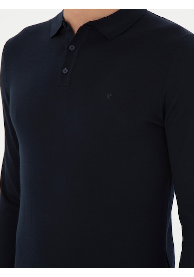 Cacharel Lacivert Slim Fit Yün Karışımlı Polo Yaka Basic Triko Kazak