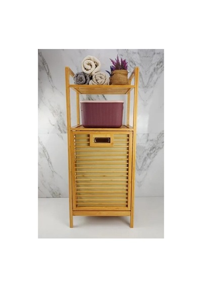 Premium Düzenleme Çözümü Banyo Rafı Çamaşır Dolabı 2 Organizer Raflı Ahşap Bambu Çek-aç Kirli Sepeti Çok Renkli