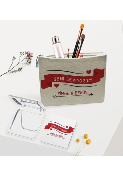 Bk Gift Kişiye Özel Keten Makyaj Çantası Ve Ayna Seti, Sevgiliye Hediye, Sevgililer Günü Hediyesi, Doğum Günü Hediyesi-10