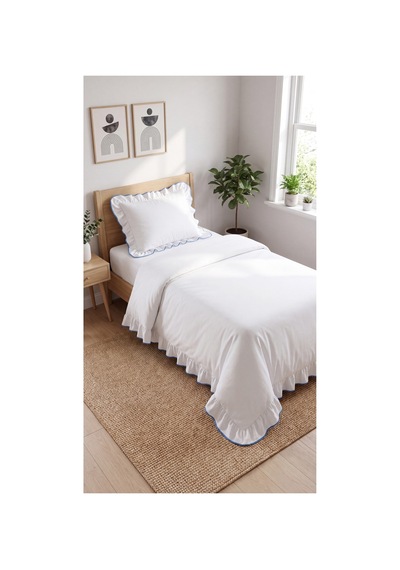 %100 Pamuk Overloklu Fırfırlı Tek Kişilik Nevresim Takımı Lastikli Çarşaflı 160x200 Cm Mavi - 904799828 Mavi