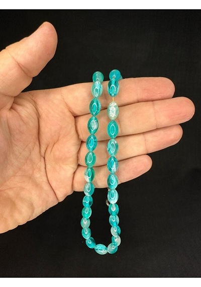 Toz Kehribar Tesbih Simli Turkuaz Renkli Beyzi Kesim 10mmx6,5mm T-678