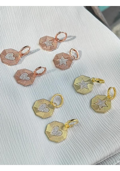 Çokgen Plakalı Taş Yıldız Gümüş Küpe Pembe Altın