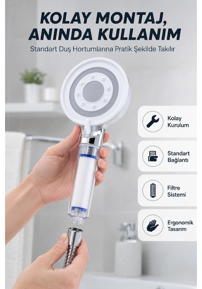Filtre Hazneli Basınç Artırıcı Duş Başlığı Kireç Filtreli El Duşu Renkli