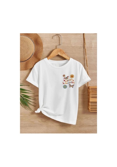 Kız Çocuk Bisiklet Yaka Baskılı T-shirt - Beyaz