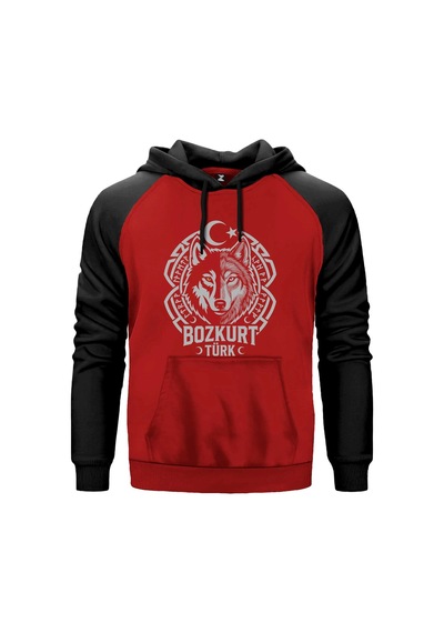Bozkurt Türk Ay Yıldız Motifli Kurt Başı Baskılı Kırmızı Renk Reglan Kol Sweatshirt Kapşonlu