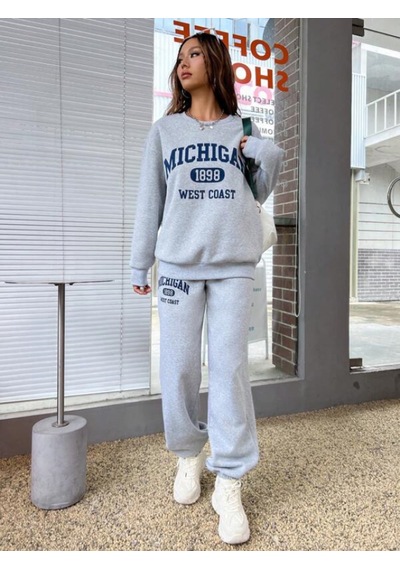 Mıchıgan Baskılı Bisiklet Yaka Gri Sweatshirt Ve Siyah Eşofman Altı Eşofman Takımı Gri