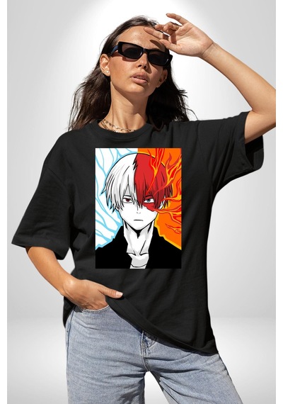 My Hero Academia Boku Anime Pamuklu Bisiklet Yaka Unisex Oversize Boyfriend Dijital Baskılı Siyah T-shirt Siyah