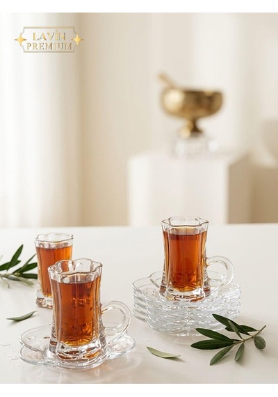 6 Kişilik Cam Lotus Çiçek Model Çay Fincan Takımı Seti 120ml Şeffaf