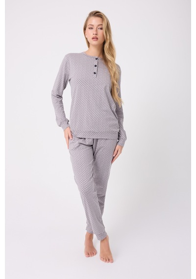 Lespadon Ocean Rıpple Premium Örme Pamuk Uzun Kollu Henley & Uzun Pantolonlu Kadın Pijama Takımı-3232 Gri