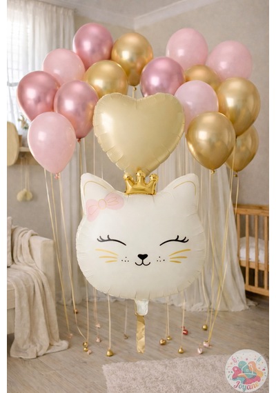 Kedi Kafa Folyo Balon Seti Krem Gold Metalik & Makaron Pembe Balonlar Krem