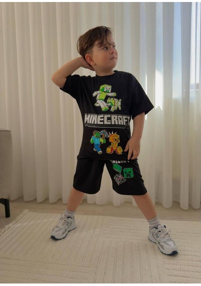 Cg Kids Minecraft Erkek Çocuk Tshirt & Şort Alt Üst Takım Süper Kalite Arka Etek Baskı Detay Siyah